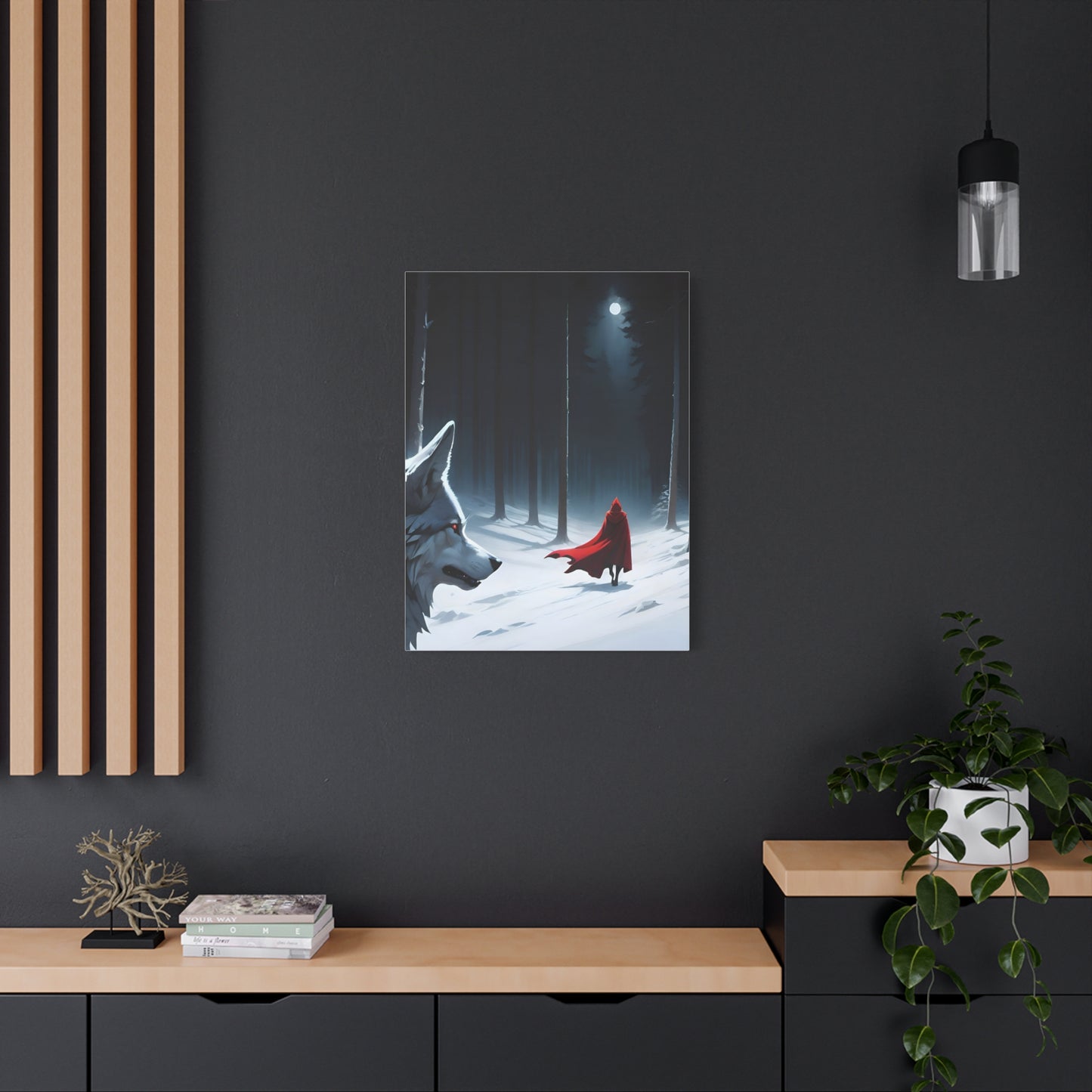 Moonlit Red Riding Hood & Wolf Canvas Wall Art – Enchanted Forest Fantasy Decor