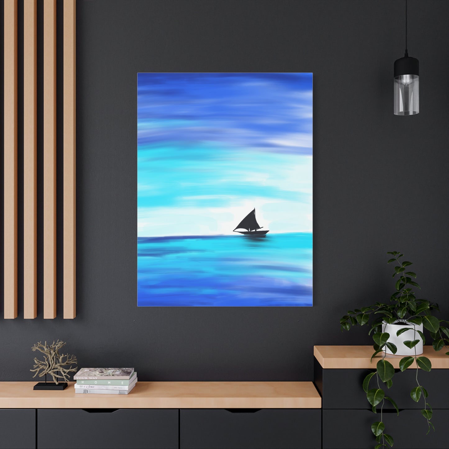 Hand-Painted Sail Away Canvas Wall Art – Minimalist Ocean Sailboat Digital Print