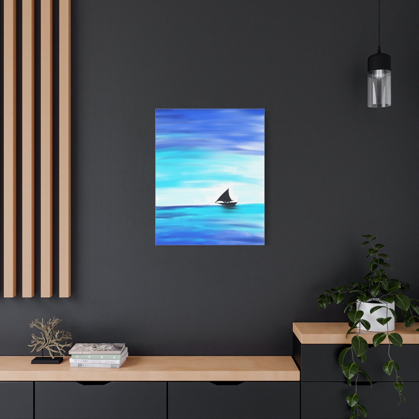Hand-Painted Sail Away Canvas Wall Art – Minimalist Ocean Sailboat Digital Print