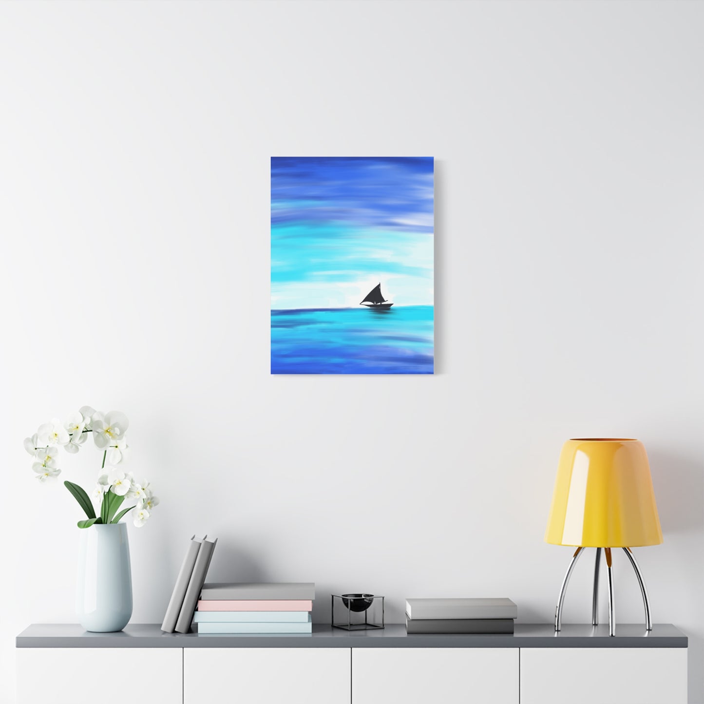 Hand-Painted Sail Away Canvas Wall Art – Minimalist Ocean Sailboat Digital Print