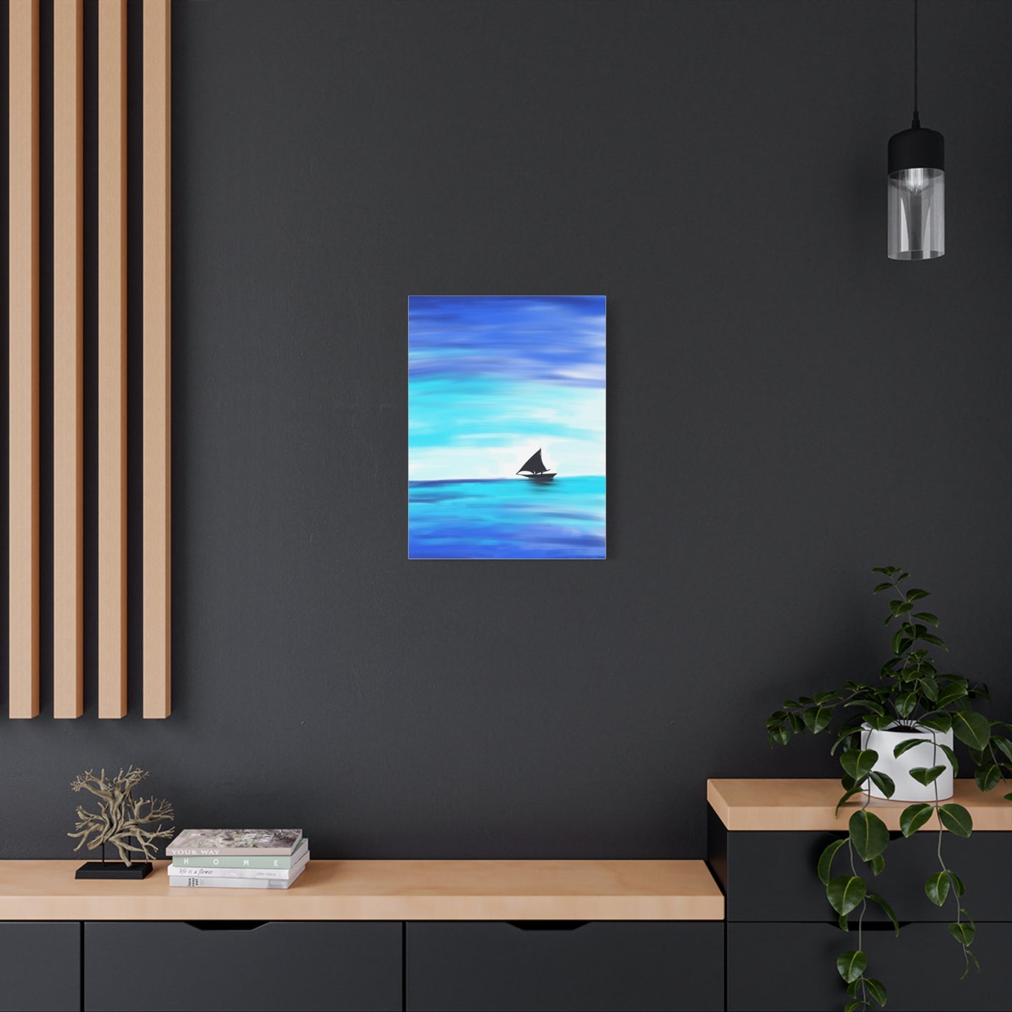 Hand-Painted Sail Away Canvas Wall Art – Minimalist Ocean Sailboat Digital Print