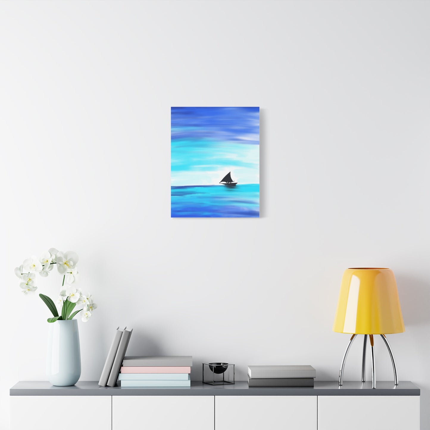 Hand-Painted Sail Away Canvas Wall Art – Minimalist Ocean Sailboat Digital Print