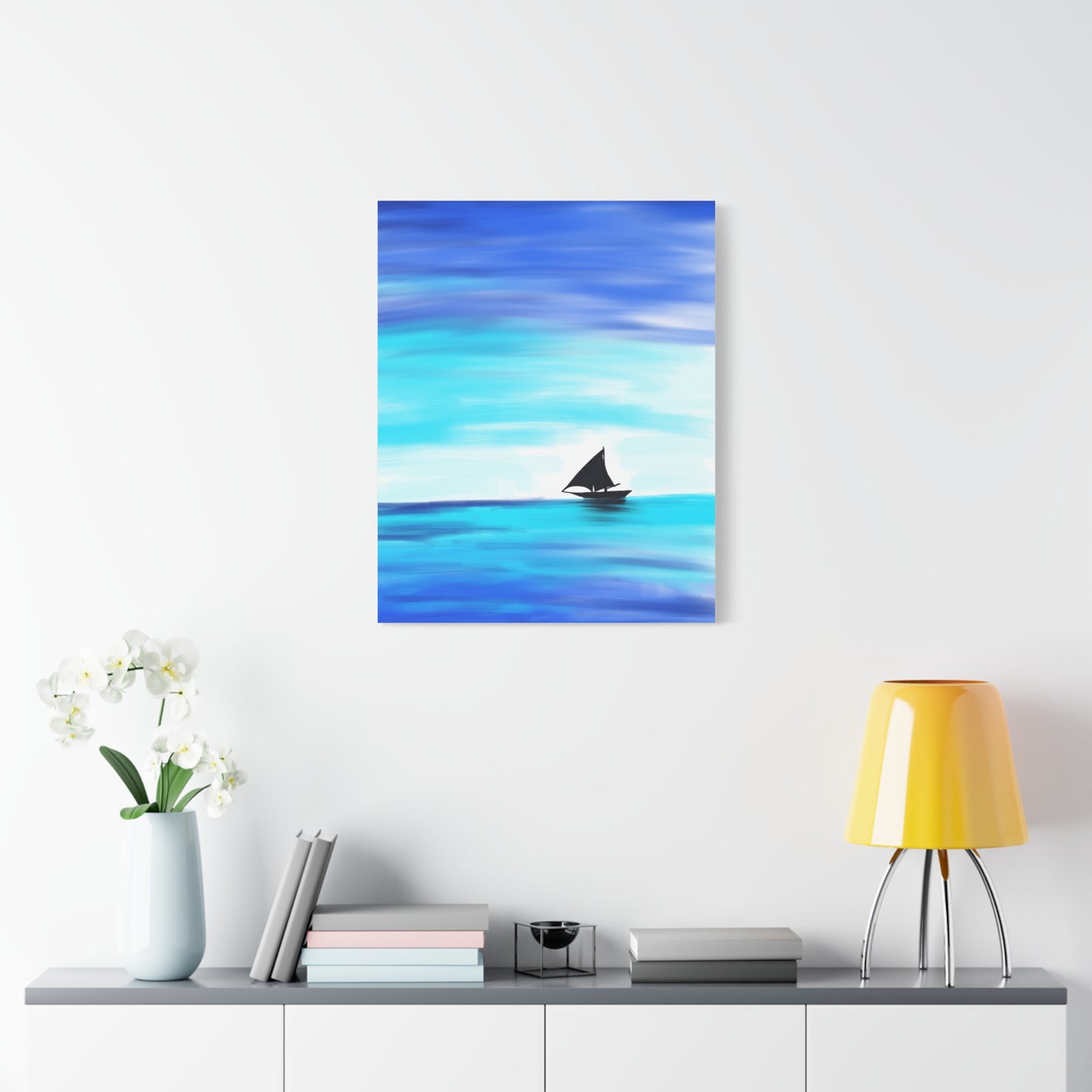 Hand-Painted Sail Away Canvas Wall Art – Minimalist Ocean Sailboat Digital Print