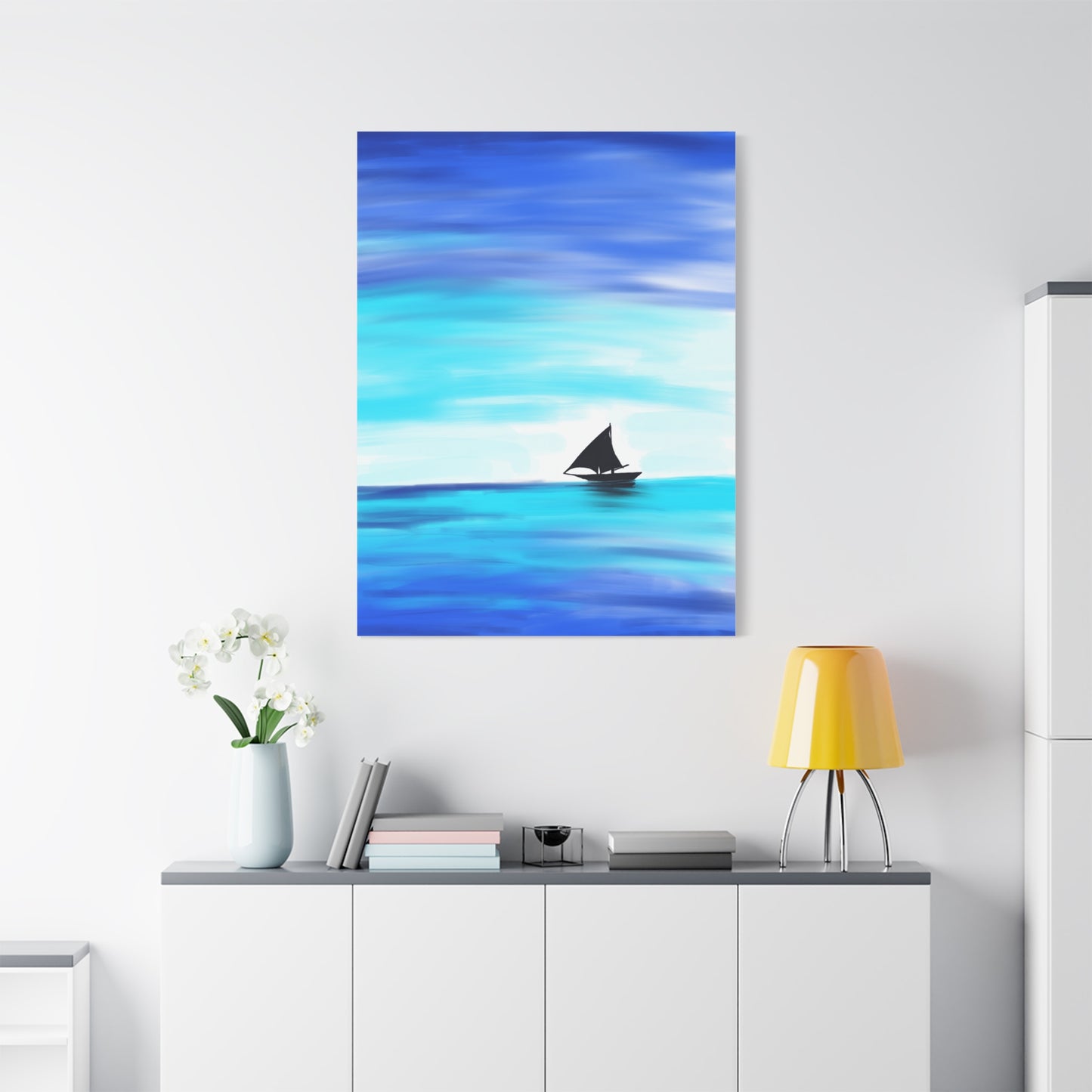 Hand-Painted Sail Away Canvas Wall Art – Minimalist Ocean Sailboat Digital Print