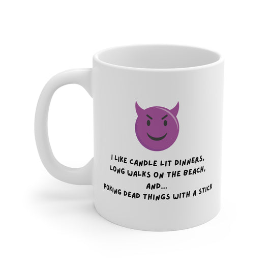 Funny Devil Emoji Mug – Candlelit Dinners & Poking Dead Things Dark Humor Coffee Mug