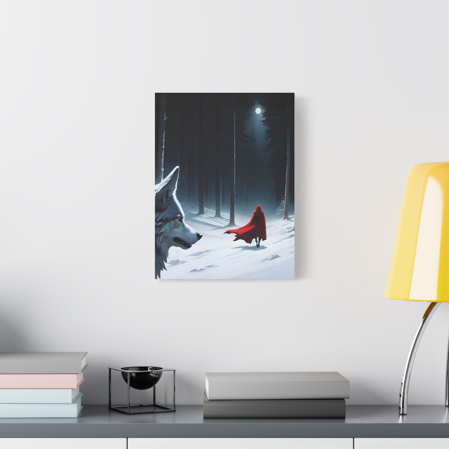 Moonlit Red Riding Hood & Wolf Canvas Wall Art – Enchanted Forest Fantasy Decor